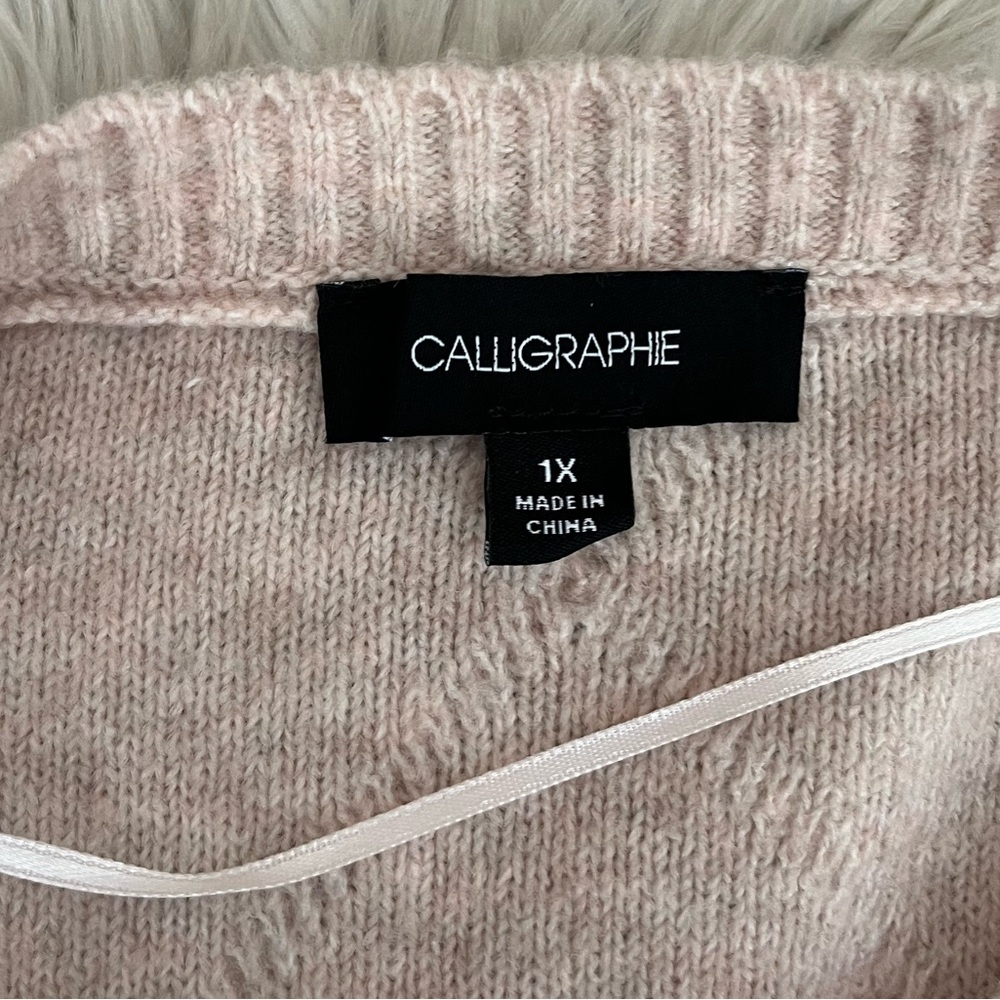 {Calligraphie} Diamond Pattern Wool Blend Crewneck Sweater with Bow Details - 1X - Picture 7 of 10
